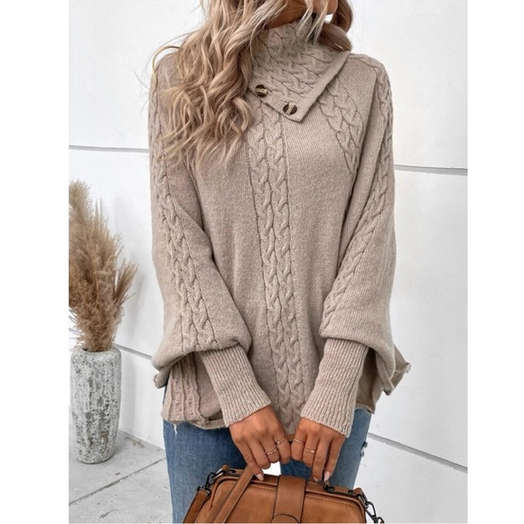 Boho Winter Camel Tan Cable Knit Turtleneck Poncho Size Medium - Picture 2 of 7